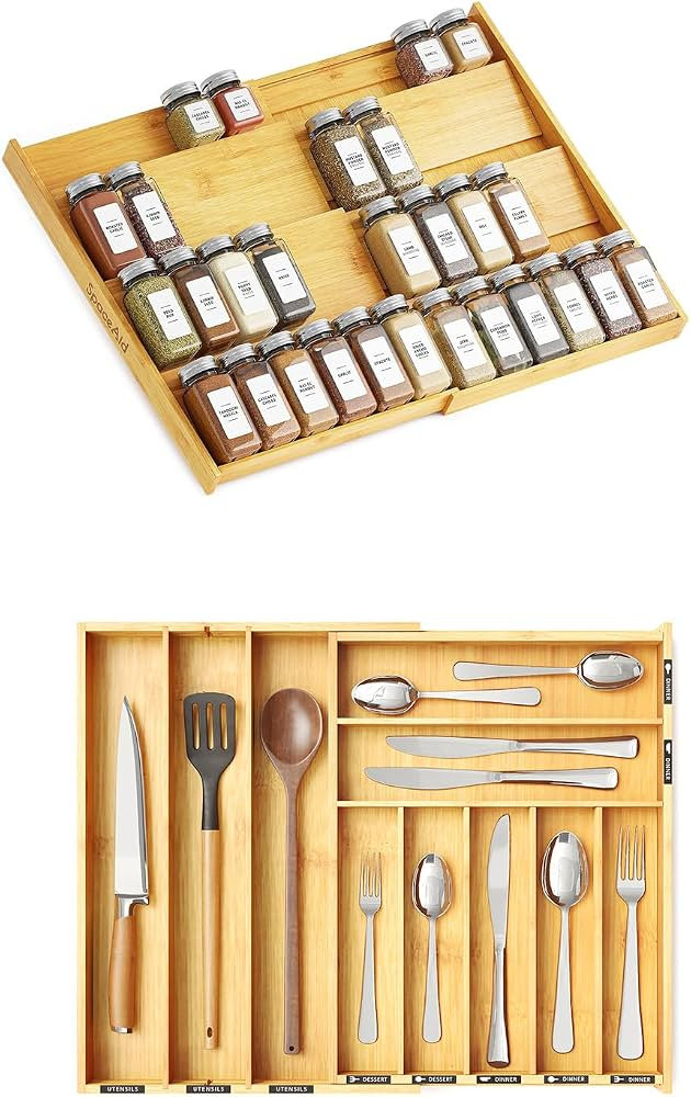 SpaceAid Bamboo Spice Drawer Organizer and Bamboo Silverware Drawer with Labels Kitchen Utensil E... | Amazon (US)