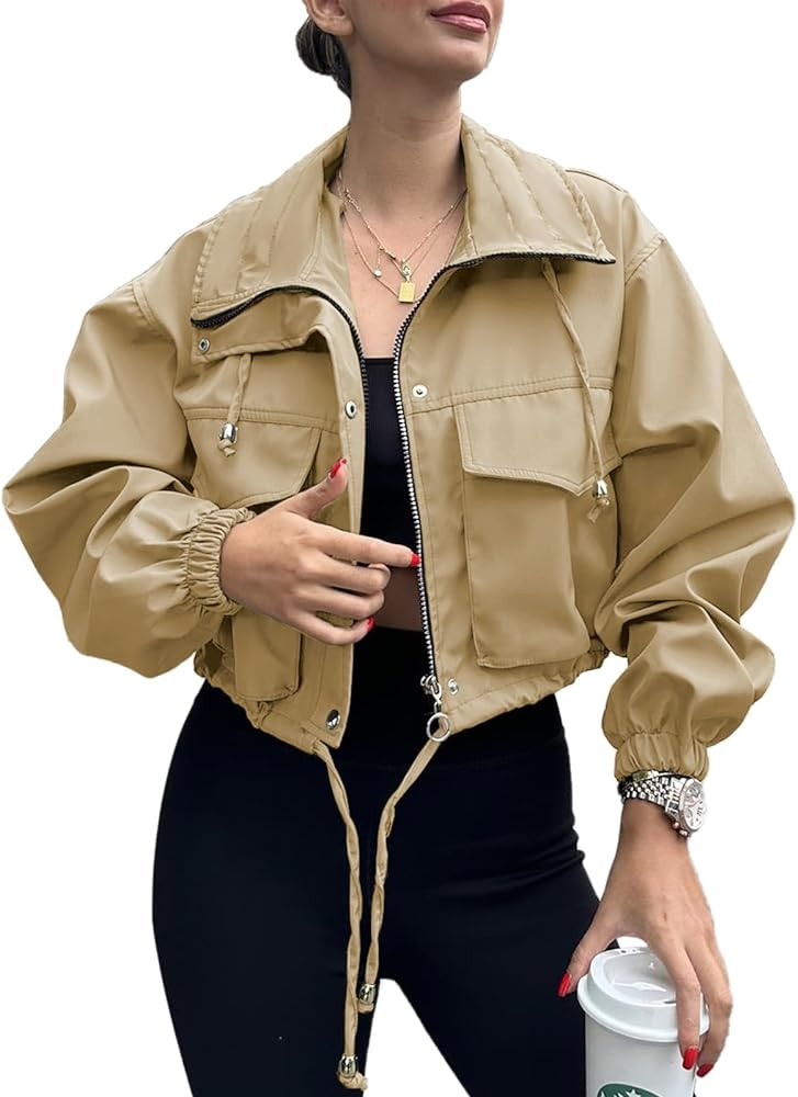 Tankaneo Womens Cropped Jacket Zip Up Lightweight Oversized Utility Anorak Coat with Pockets | Amazon (US)