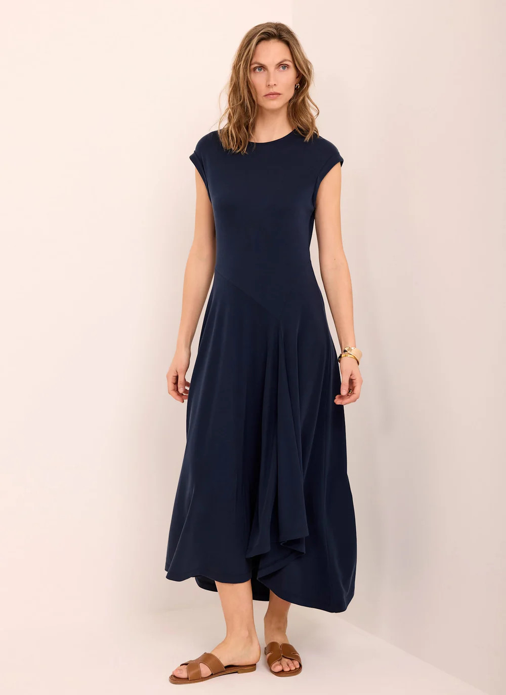 Navy Jersey Asymmetric Midi Dress | Mint Velvet