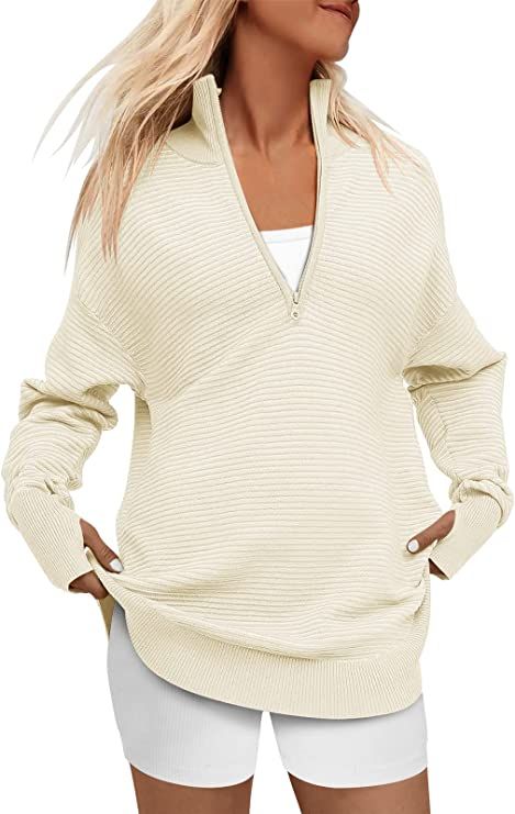 ANRABESS Women’s Long Sleeve Half Zip V Neck Collared Casual Oversized Ribbed Knit Pullover Swe... | Amazon (US)