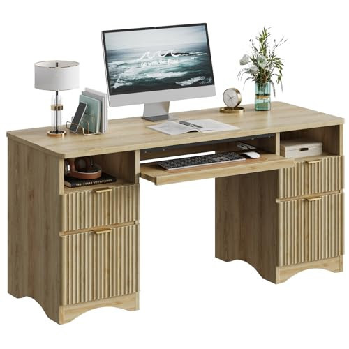 Bestier Computer Desk with Keyboard Tray, 59 inch Office Desk with 4 Drawers, Modern Home Office Desk with File Drawer (Natual Oak, 59" W with Double-Sided Drawers) | Amazon (US)