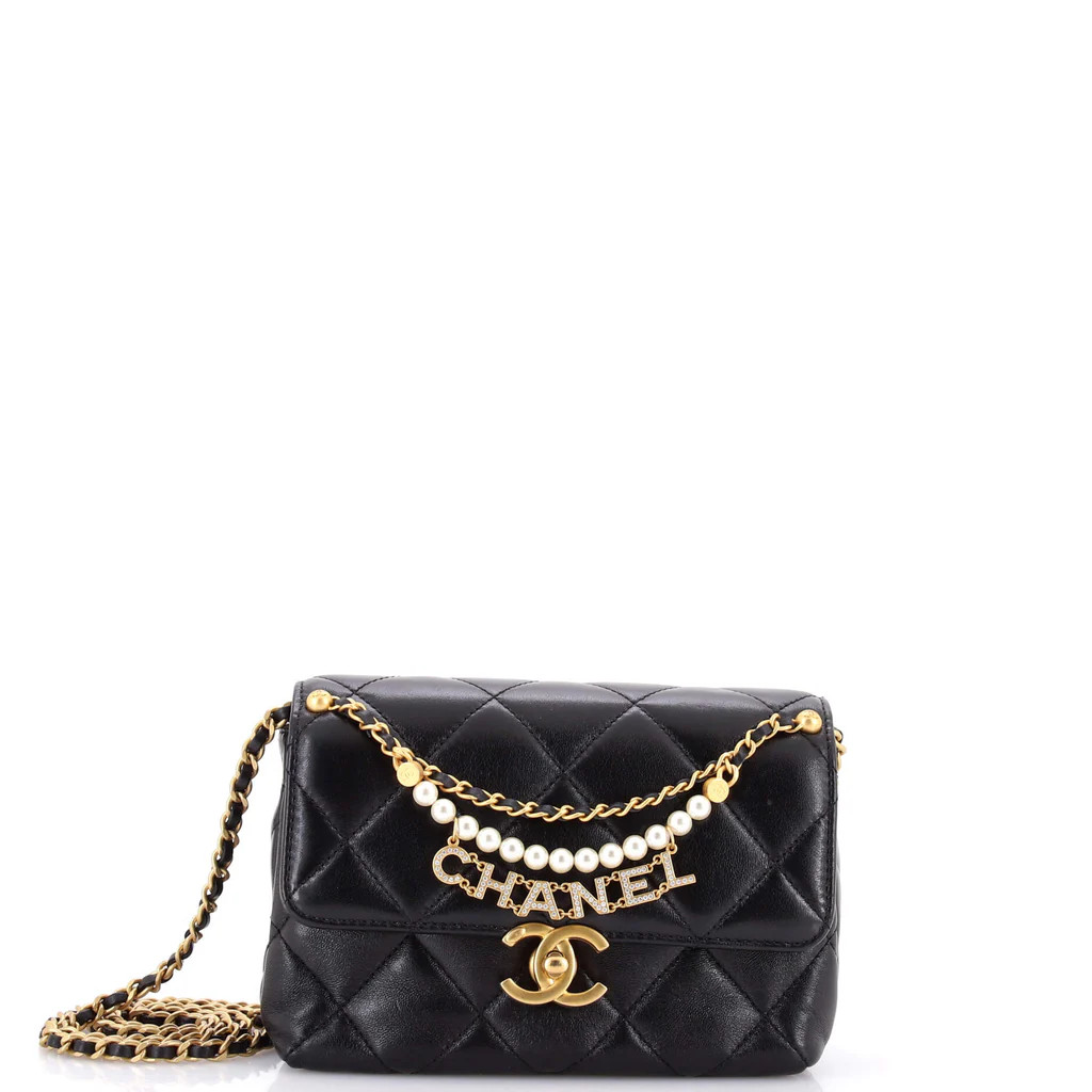Logo Chains Flap Bag Quilted Lambskin with Faux Pearls and Crystals Small | Rebag