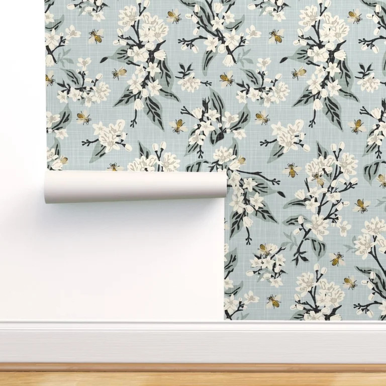 Peel & Stick Wallpaper Swatch - Flowers Bees Texture Large Blue Black Floral Nature Pretty Tradit... | Walmart (US)