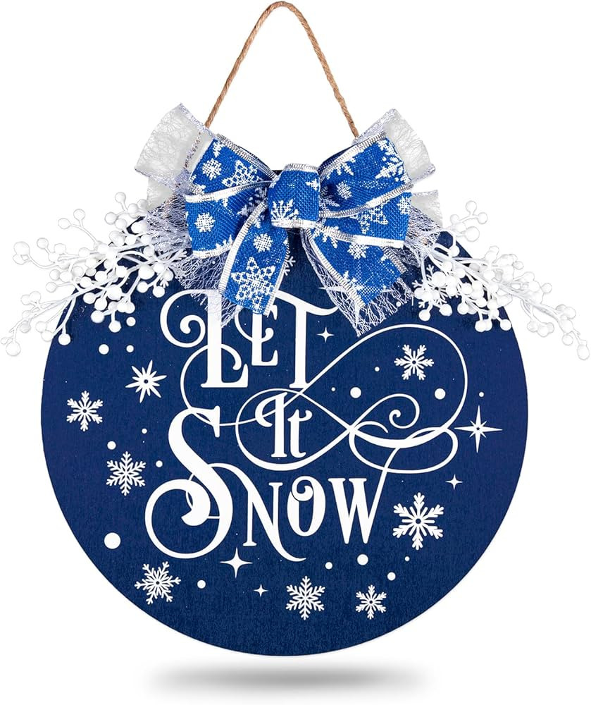 Whaline Snow Wooden Hanging Sign Winter Door Decoration Wreath Welcome Sign Blue White Snowflake ... | Amazon (US)