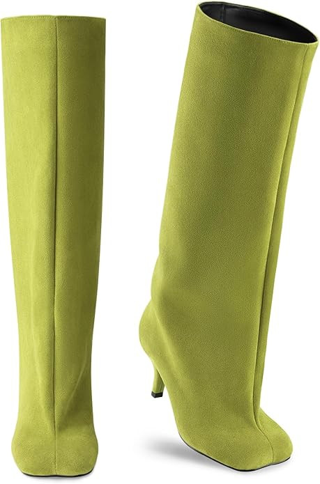 Oh Mispares Women's Nude Suede Knee High Boots - Square Toe Wide Calf Stiletto Low Heels - Fashio... | Amazon (US)