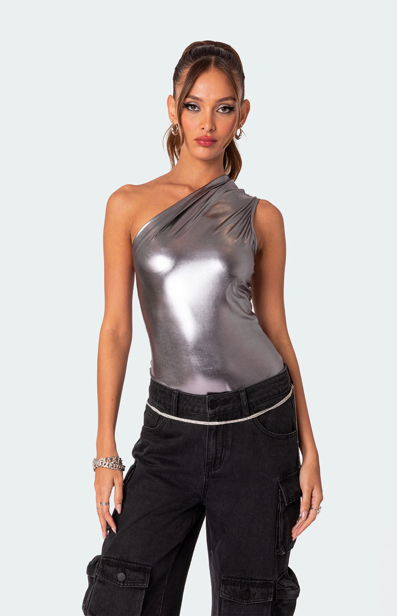 Edikted Women's Feona Gathered Metallic Bodysuit in Silver - Size Small | PacSun