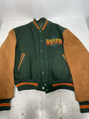 Vtg 90s UPPER DECK Baseball Cards VARSITY Letterman Leather WOOL JACKET Coat L | eBay US
