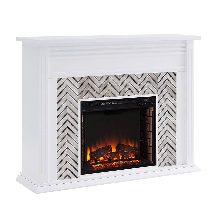 SEI Furniture Hebbington Carrara Marble Tiled Electric Fireplace, White-Gray | Amazon (US)