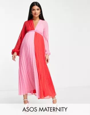 ASOS DESIGN Maternity textured twist front pleated midi dress in red and pink color block | ASOS (Global)