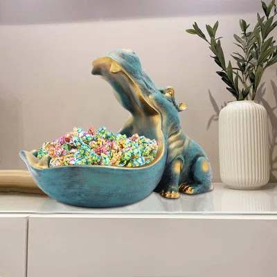 Large Hippopotamus Figurine Home Sculpture With Resin, Hippo Candy Jar, Candy Dish Bowl For Office Desk, Key Bowl For Entryway Table(Dark Blue) | Wayfair North America