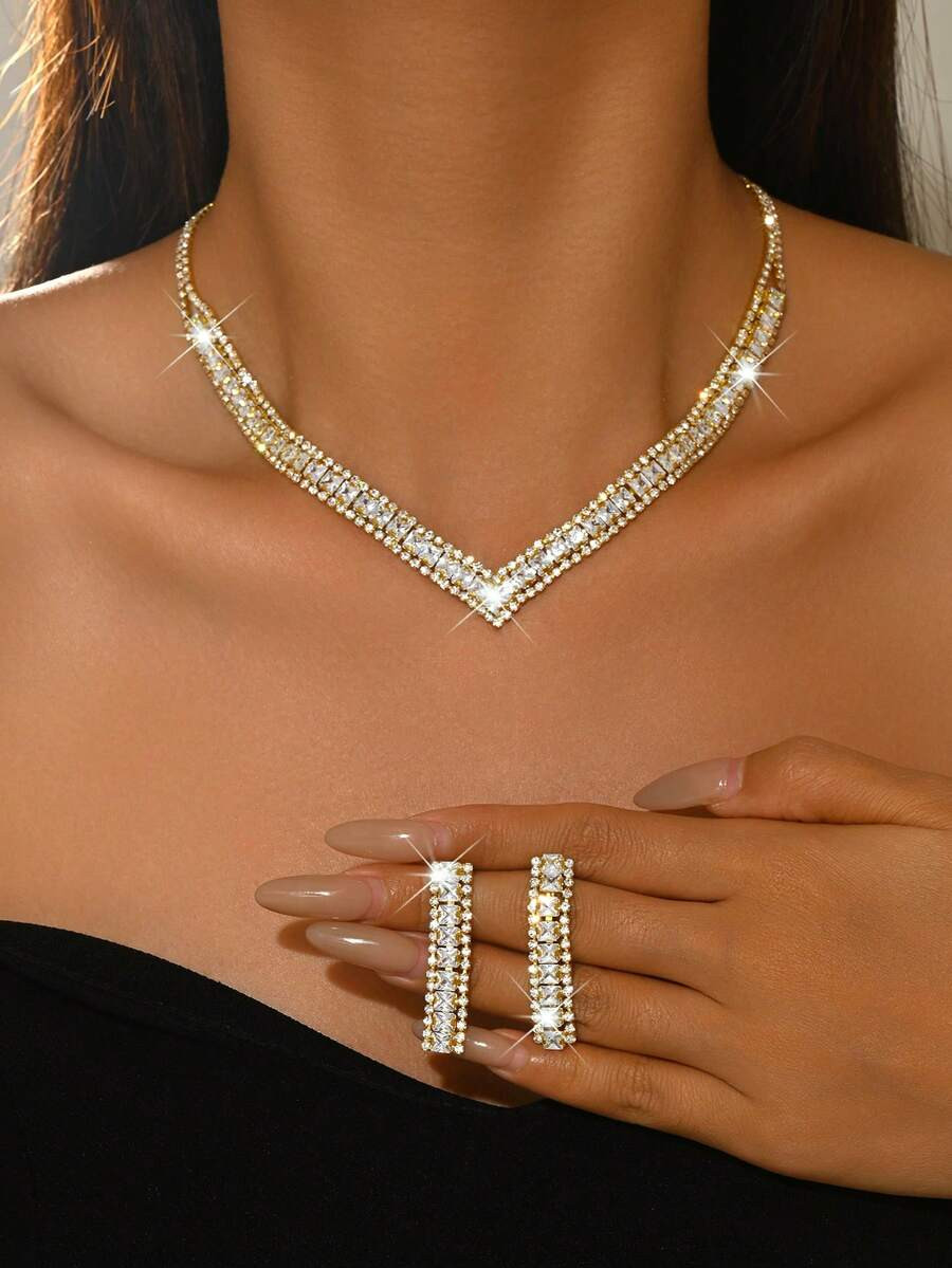 1pc Luxury V-Neck Collar Necklace + 1 Pair Long Earrings, Bridal Jewelry Set, Suitable For Daily Wear, Party, Music Festival | SHEIN