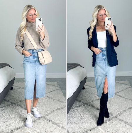 2 ways to style a denim skirt! Wear it casually with sneakers and a cozy sweater or dress it up with boots and a blazer! 

#LTKfindsunder50 #LTKstyletip