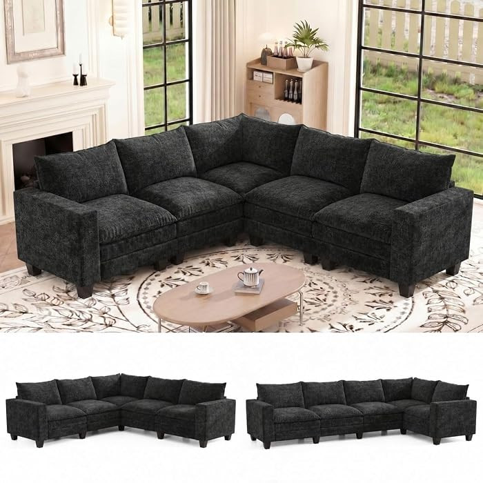97" V Shaped Sectional Couch, 5 Seat Chenille Sectional Cloud Couch with Pillows & Storage Armres... | Amazon (US)