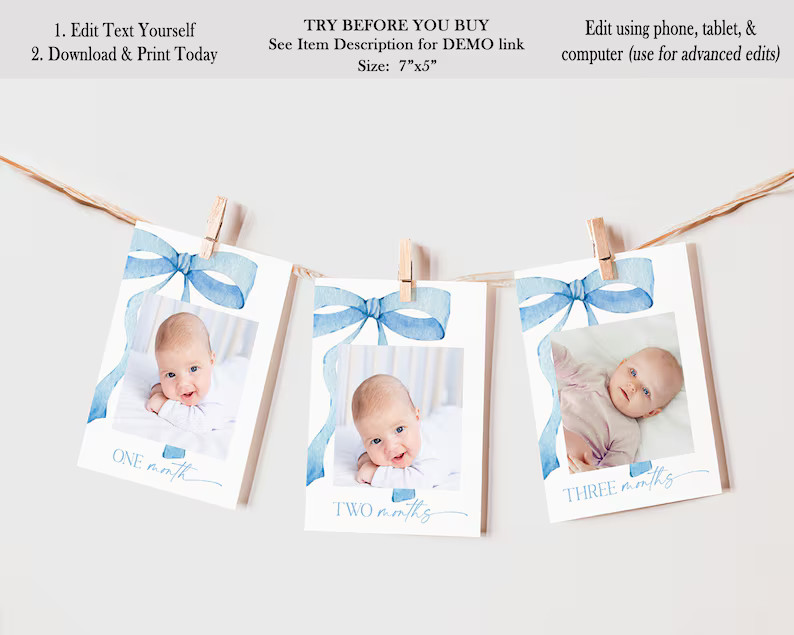 EDITABLE Blue Bow Milestone Banner, 12 Months,  Minimalist Baby Shower Dusty Blue Watercolor Ribb... | Etsy (US)