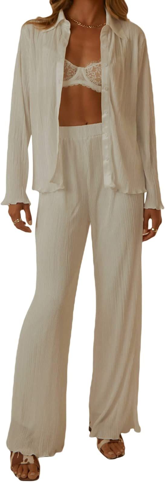 Women Casual 2 Piece Outfits Set Long Sleeve Button Down Shirt Blouse High Waist Long Pants Loose... | Amazon (US)