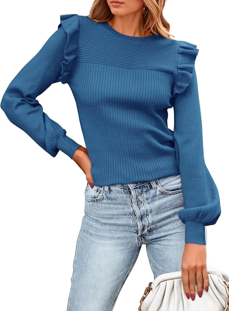 PRETTYGARDEN Women's Ruffle Long Sleeve Sweaters Crew Neck Lightweight Sweater 2025 Fall Trendy R... | Amazon (US)