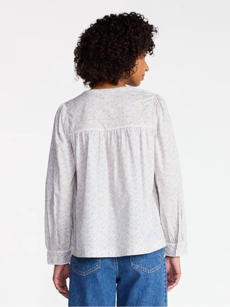 Time and Tru Women's Embroidered Cotton Button Front Shirt with Long Sleeves, Sizes XS-XXXL | Walmart (US)