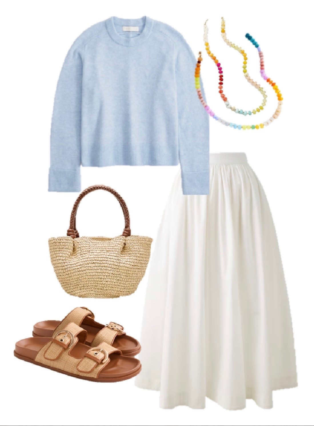 Summer outfit 
Light blue sweater 
White maxi skirt outfit 
White midi shirt 
Raffia woven bag 
Colorful beaded necklace

#LTKSeasonal #LTKSaleAlert
