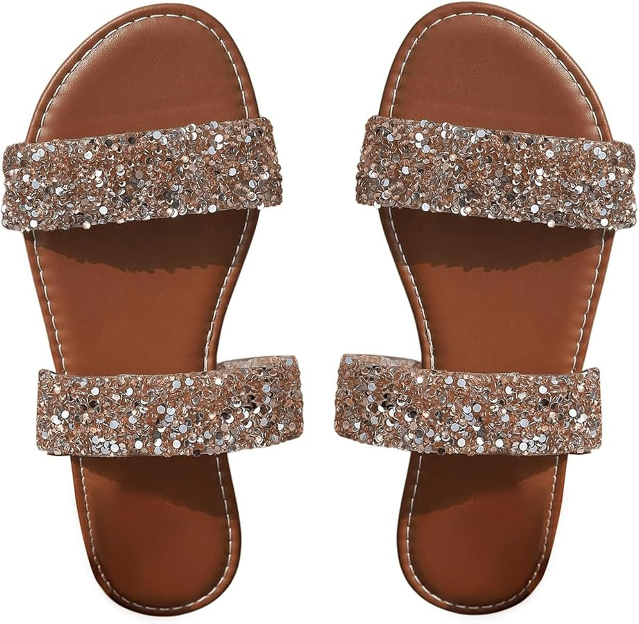 GORGLITTER Women's Sparkly Glitter Flats Sandal Sequin Two Band Open Toe Slip on Slides Wedding S... | Amazon (US)