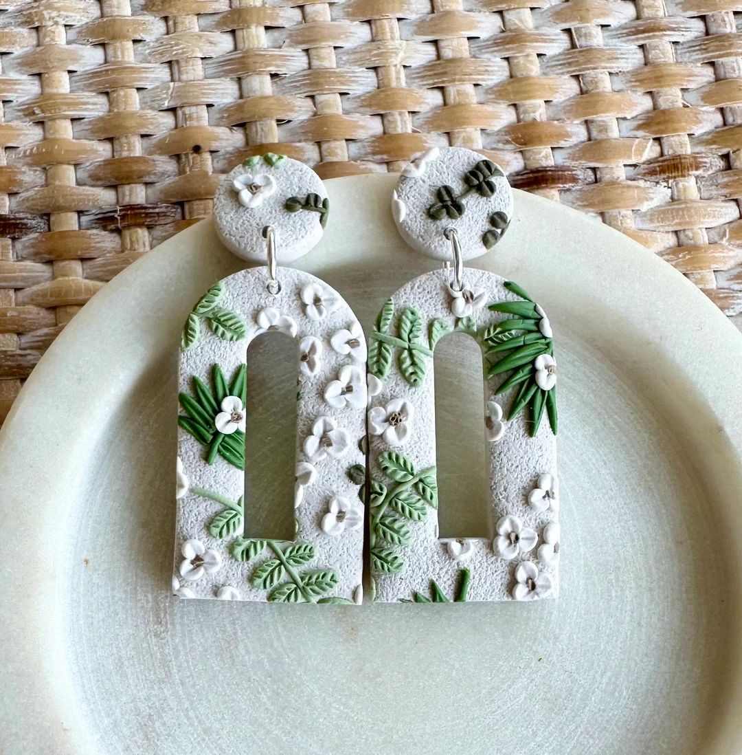 Olive and Cream Garden Floral Polymer Clay Statement Earrings | Etsy (US)