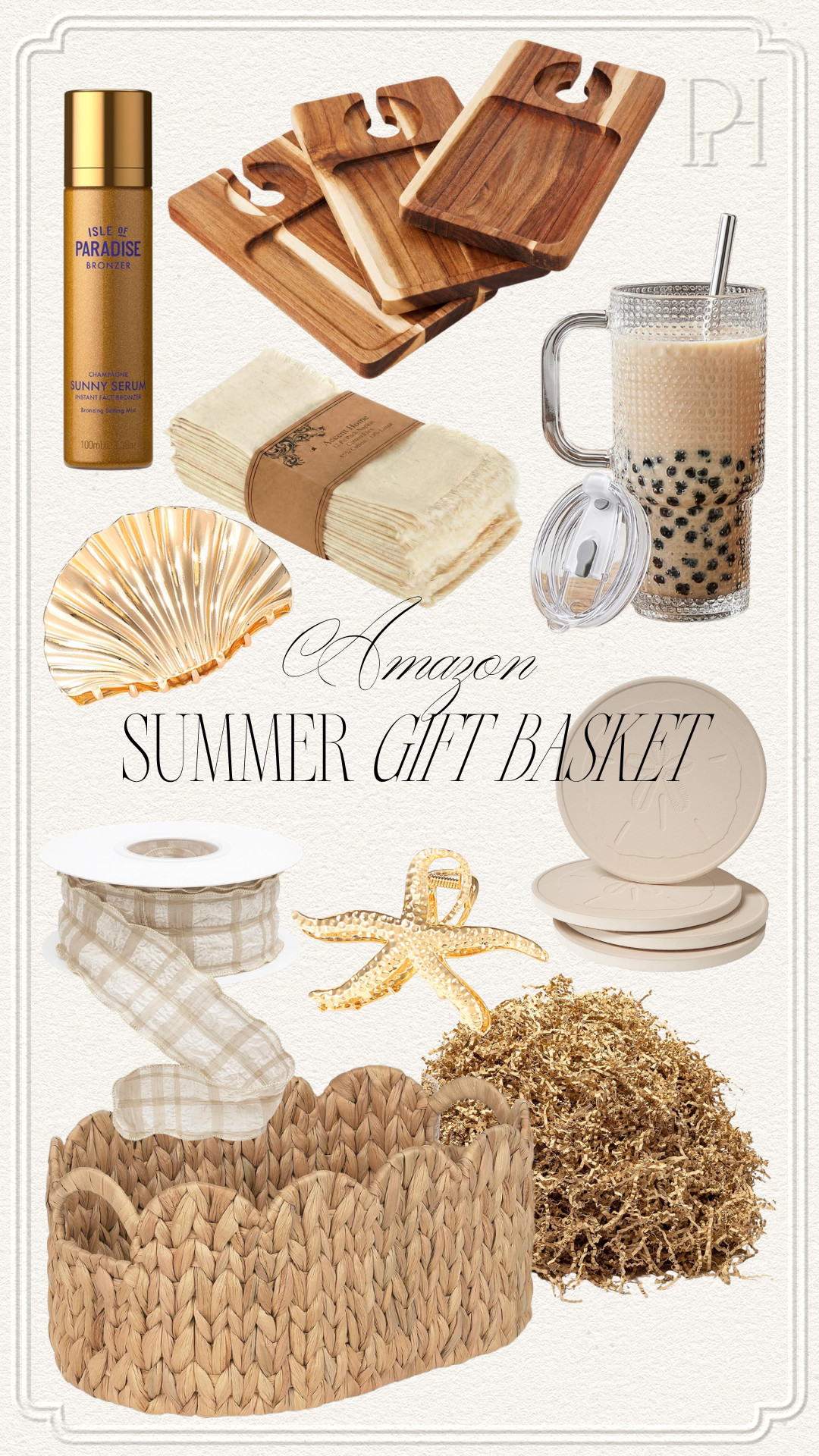 Amazon finds for the perfect summertime gift basket!

gift basket, raffia basket, scalloped basket, basket filler, neutral ribbon, coasters, summer coaster, seashell coasters, seashell claw clips, summer jaw clip, gold claw clip, bronzer, personal charcuterie board, wine holder, glass tumbler, coffee tumbler, neutral cloth napkins 

 #LTKselfcare #LTKSeasonal