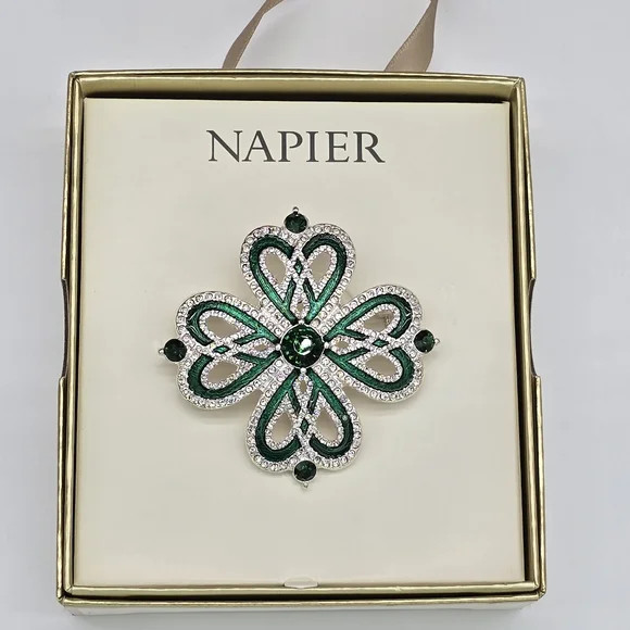 Napier Emerald and Silver Clover Brooch Shamrock Pin New In Gift Box | Poshmark
