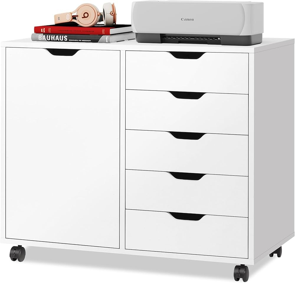 DEVAISE 5-Drawer Mobile Storage Cabinet with Door, Wood Dresser Chest, Printer Stand for Home Off... | Amazon (US)