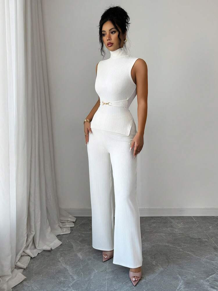 Selianne New Women's Sleeveless Metal Buckle Mock Neck Split Waist Elegant Sexy Pants, 2 Pieces Set Suitable For Commuting, Travel, Date, Summer | SHEIN