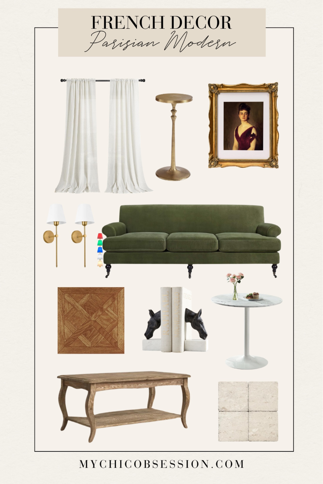 Bring a bit of Parisian flair to your space with these design elements. Balance new and antique, neutral and colorful with a green statement sofa, marble bistro table, gold frames, parquet floors, and white linen drapes. 

#LTKhome