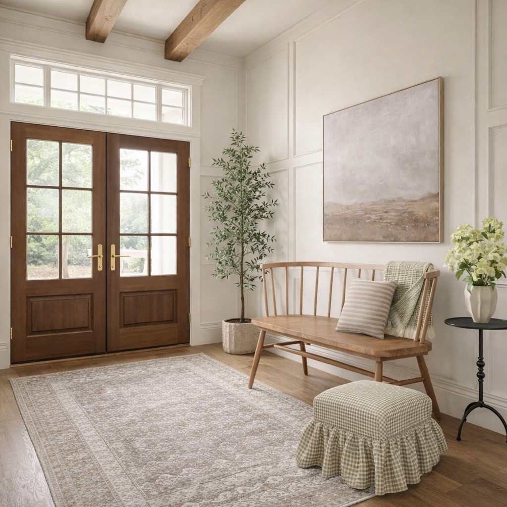 A light-filled spring entryway layered with soft neutrals and natural textures. Wood double doors with divided-light glass and a transom window, exposed beams, and a vintage-style neutral rug create warmth and character. A wood spindle bench styled with a throw and striped pillow, faux olive tree greenery, a pedestal side table with florals, and a gingham accent stool complete this calm inspired look.

#LTKSeasonal #LTKHome
