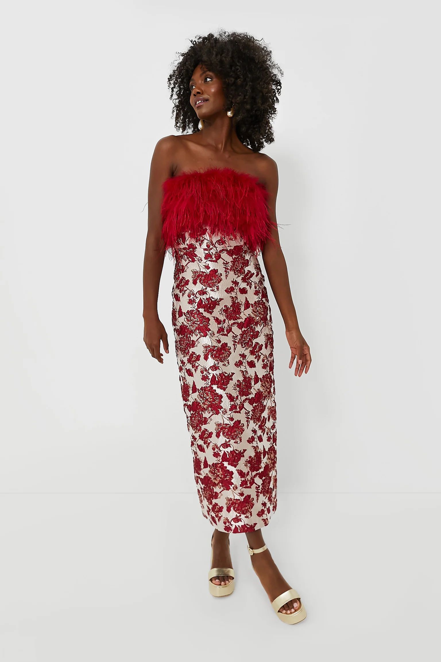 Red Jacquard Feathered Reina Midi Dress | Tuckernuck (US)