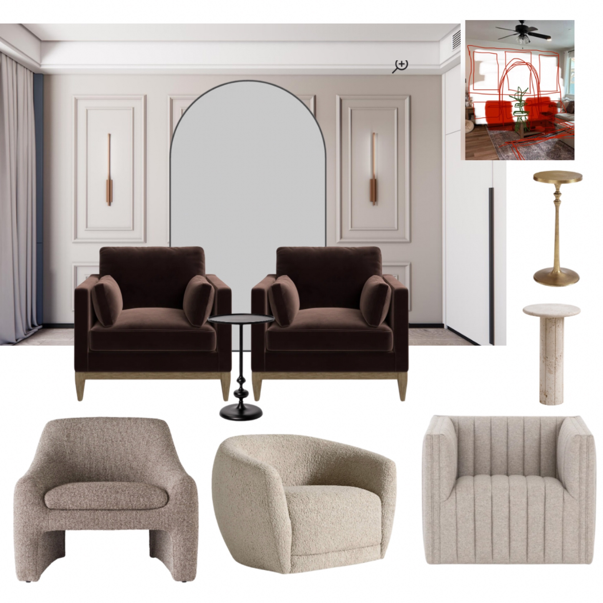 Lacy’s living room back wall 

I recommend wainscoting and an oversized arched mirror along with two accent chairs and a drink table  

#LTKFindsUnder100 #LTKHome #LTKFindsUnder50