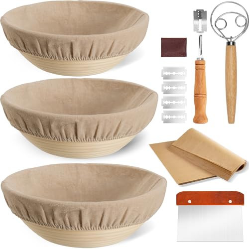 Banneton Bread Proofing Basket Set of 3, Kikcoin 8" & 9" & 10" Round Sourdough Bread Baking Supplies, Banneton Basket with Parchment Paper Sheets, Dough Whisk, Stainless Steel Scraper, Bread Lame | Amazon (US)