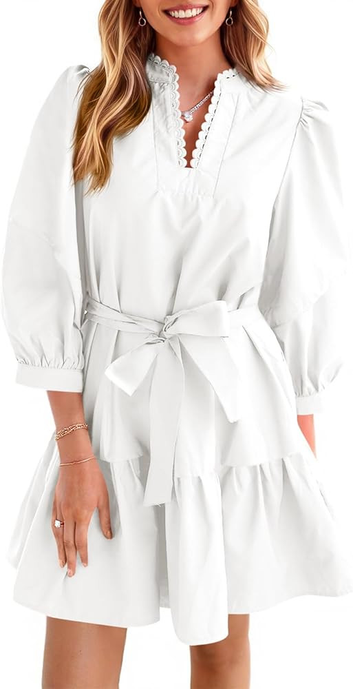 Cicy Bell Womens Puff 3/4 Sleeve Mini Dresses Bow Tie Waist V Neck Casual Trendy Ruffle Tiered Sh... | Amazon (US)