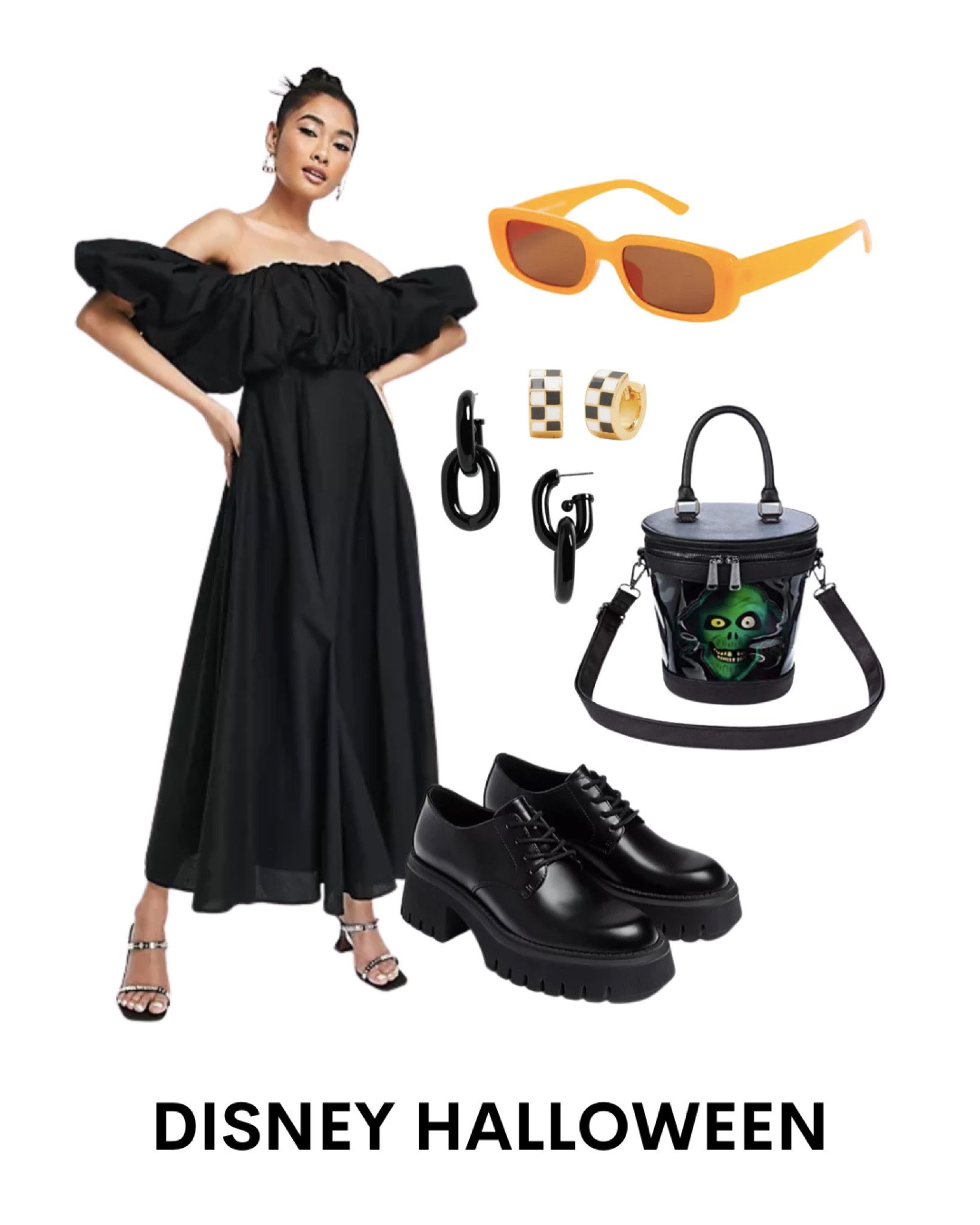 Disney Halloween outfit inspiration. Haunted mansion hat box ghost disneystyle. #disneyoutfit #disneyland #disneyootd #disneyhalloween #halloweenoutfit #disneyworld #disneyworldoutfit #disneystreetstyle #haintedmansion #blackdress #macidress #orangesunglasses 

#LTKSeasonal #LTKHalloween