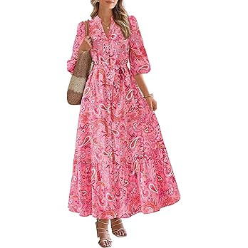 MASCOMODA Womens Floral Maxi Dresses Boho Summer Casual V Neck 3/4 Puff Sleeve Button Down Tie Wa... | Amazon (US)