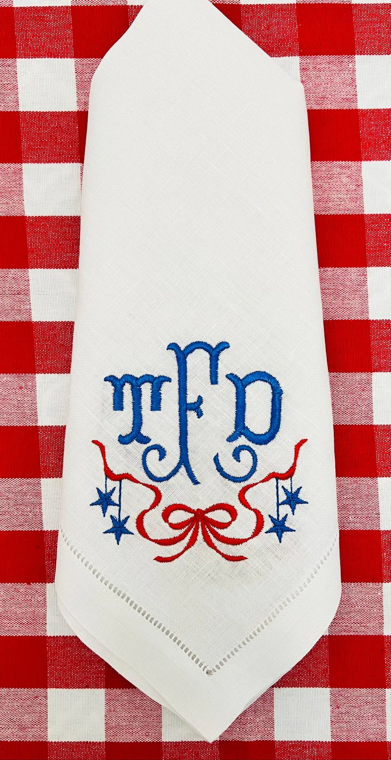 Ribbon and Stars Monogram Embroidered Linen Dinner Napkin | Etsy (Global)