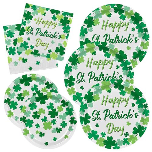 Gatherfun Irish Shamrock Themed Tableware Set, Paper Plates & Napkins for 50, St. Patrick's Day Party Decorations, Disposable, Green, Decorative Plates, Pack | Amazon (US)
