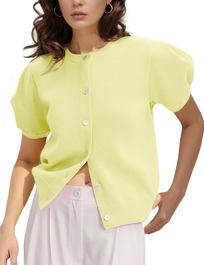 Womens Lightweight Puff Short Sleeve Cardigan Sweater Summer Y2k Cropped Knit Button Up Blouse To... | Amazon (US)