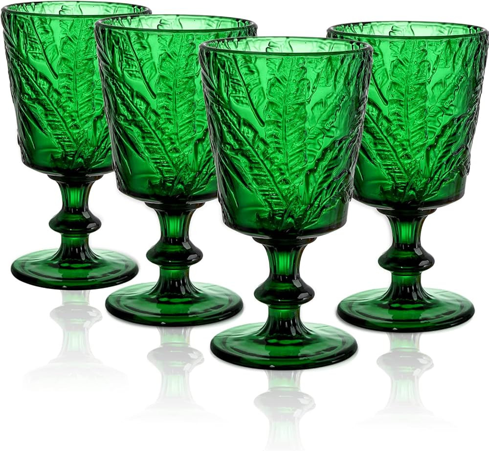 SOUJOY Set of 4 Colored Wine Glass Goblet, 12oz Handmade Pressed Stemmed Water Cup, Green Vintage... | Amazon (US)