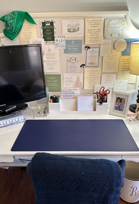 The desk space in our home office often feels like a stationary store with all of the invitations on our bulletin board, but I like having them in one place. Our desk pad and acrylic computer monitor riser are from Amazon and very affordable! I’ve linked a similar and more affordable option of the bulletin board and desk organizer  

#LTKfindsunder100 #LTKhome #LTKfindsunder50