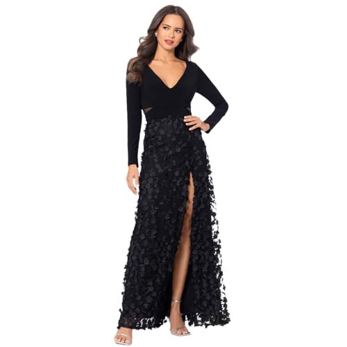 Xscape Women's Long Sleeve V-Neck Floral Skirted Gown (Reg and Petite), Black, 12P | Amazon (US)