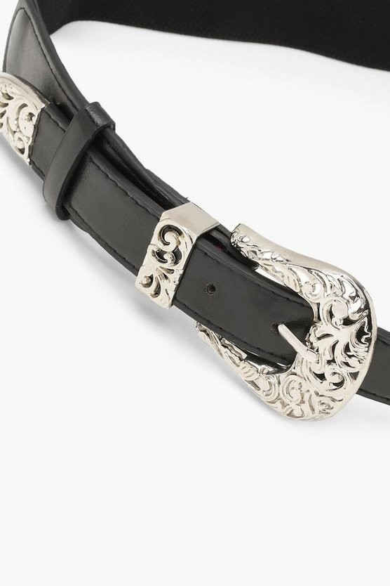 Engraved Double Buckle Western Belt | Boohoo.com (US & CA)