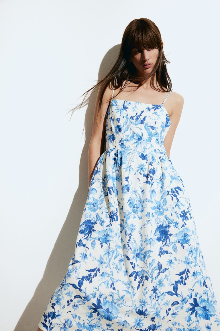 Linen-blend Midi Dress - White/blue floral - Ladies | H&M US | H&M (US + CA)