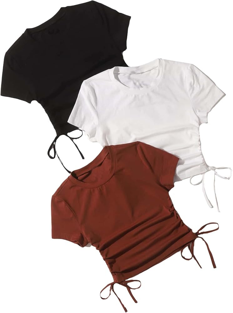 GORGLITTER Women's 3pcs Drawstring Ruched Tops Short Sleeve Round Neck Summer Crop Tee T Shirt | Amazon (US)