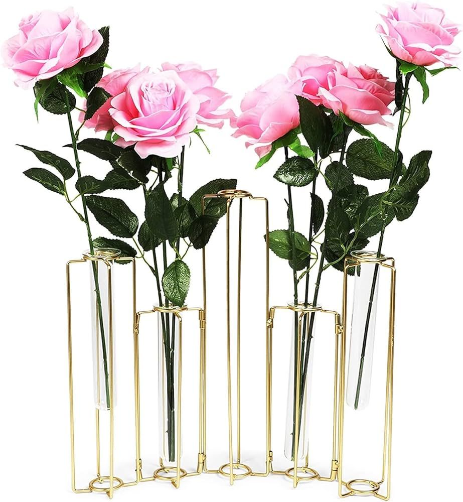 Juvale 6-Pack Metal Hinged Plant Stand Set with Glass Test Tube Vases (Gold) | Amazon (US)