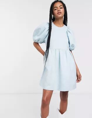 & Other Stories puff sleeve jacquard mini dress in light blue | ASOS (Global)