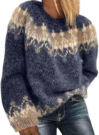 Women's Fuzzy Fair Isle Sweater Vintage Crewneck Long Sleeve Oversized Pullover Knit Mohair Sweat... | Amazon (US)
