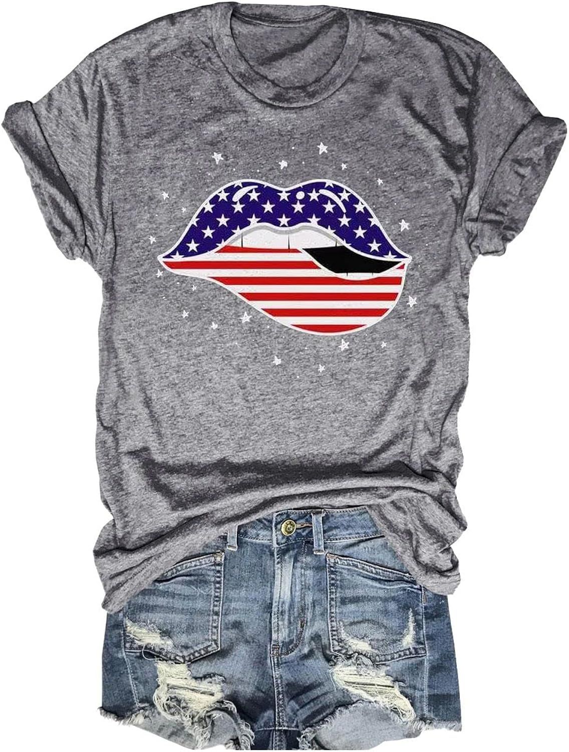 EIGIAGWNG Womens American Flag Lips T-Shirt Funny July 4th Independence Day Graphic Tees Tops | Amazon (US)