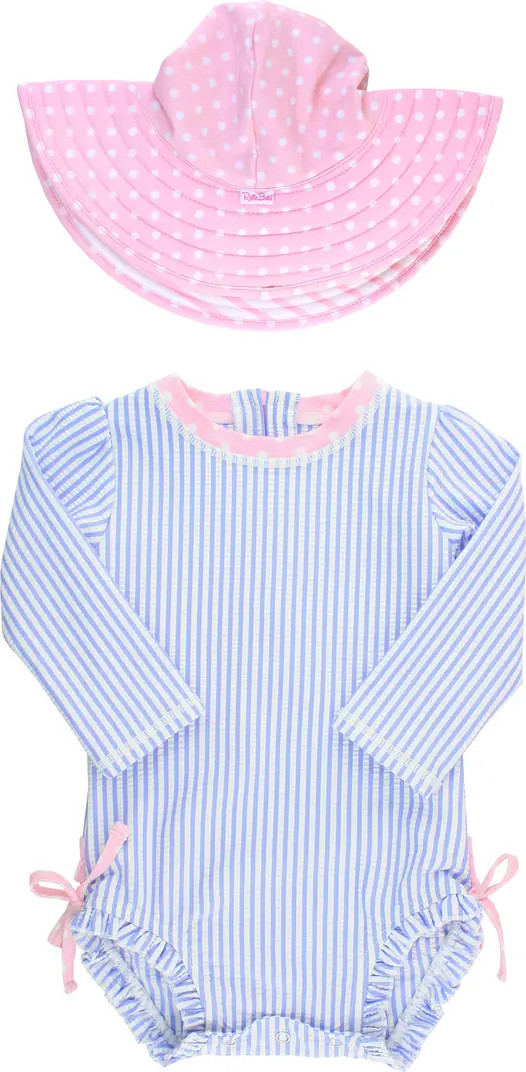 Seersucker One-Piece Rashguard Swimsuit & Hat Set | Nordstrom